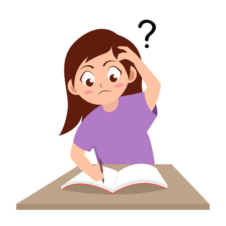 girl confused doing homework with question mark, cartoon vector illustrationのイラスト素材