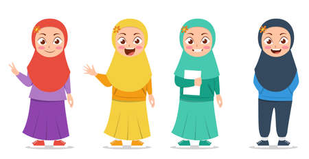 muslim girls wear hijab with different poses and clothes, cartoon vector illustrationのイラスト素材