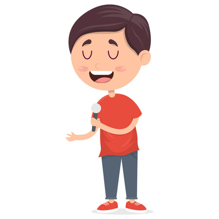 happy little boy singing with microphone in his hand, cartoon vector illustration on white backgroundのイラスト素材