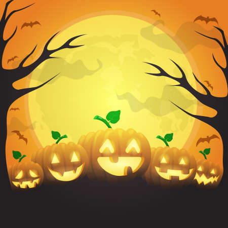 halloween pumpkins under big moon, can be used for background halloween holiday, vector illustrationのイラスト素材