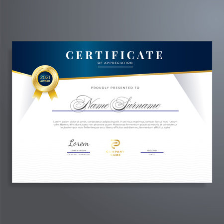 Certificate of appreciation template with gold and blue color, multipurpose, simple and elegant designのイラスト素材