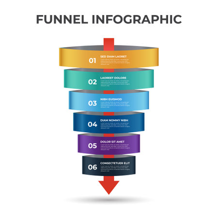 Sales funnel diagram with arrows, 6 steps and levels layout with number, infographic template vector.のイラスト素材