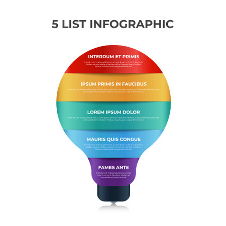 light bulb infographic element vector with 5 list, steps, options, layers, chart diagramのイラスト素材