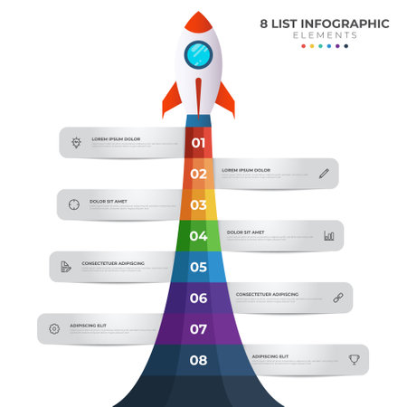 List diagram with 8 number points of step, sequence, colorful rocket launch startup, infographic element template vector.のイラスト素材