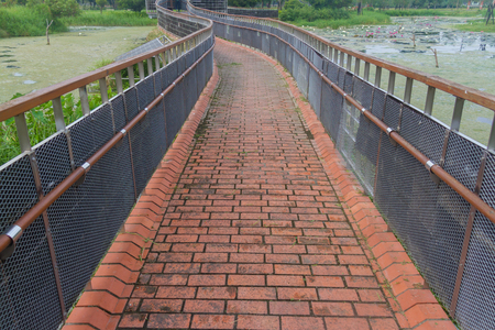Curved sidewalk, path, trail at the empty street in the parkの写真素材