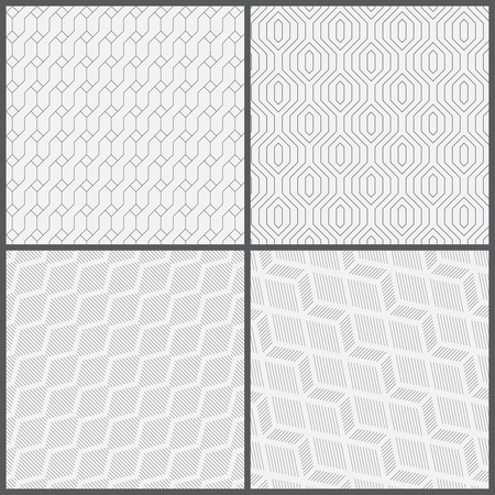 Seamless pattern. Collection of four simple linear textures. Monochrome. Repeating geometric shapes, rhombuses, lines, hexagons. Backdrop. Web. Vector element of graphic designのイラスト素材