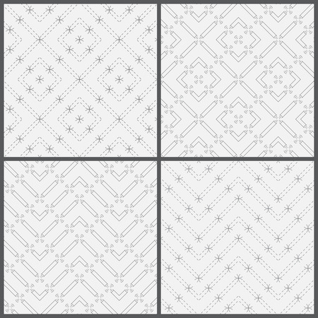 Seamless pattern. Collection of four simple classic textures. Regularly repeating geometric shapes, rhombuses, dashed lines, arcs, circles, zigzags, waves. Monochrome. Backdrop. Web. Vector element of graphic designのイラスト素材