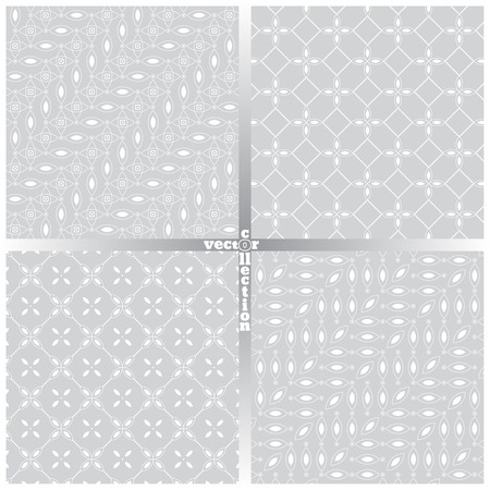 Seamless pattern. Set of four original textures. Regularly repeating geometrical elements, shapes, dots, dotted lines, zigzags, rhombuses, ovals, stars. Backdrop. Web. Vector element of graphic designのイラスト素材