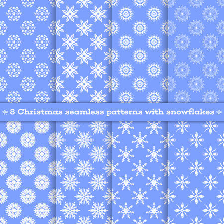 Seamless pattern. Set of eight abstract winter backgrounds. Festive Christmas textures with snowflakes. Patterns can be used as a background, wallpaper, page fill, wrapper, textured surfaceのイラスト素材