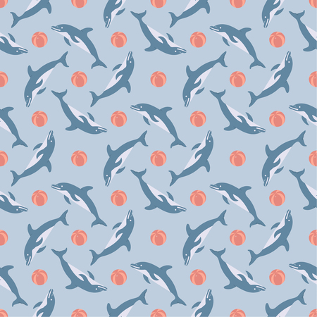 Seamless pattern. Stylish colourful texture with dolphins and balls. Vector element of graphical design.  Pattern can be used as a background, wallpaper, wrapping paper, printのイラスト素材
