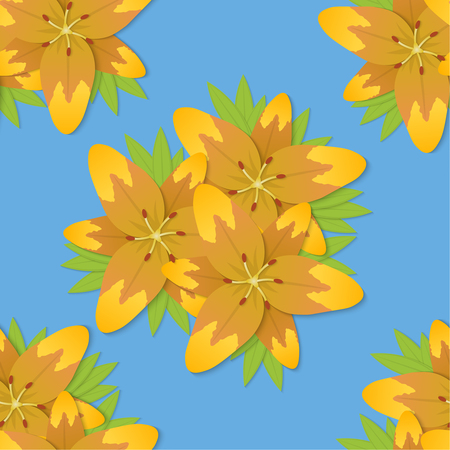 Seamless texture with bright flowers on a blue background. Blossoming of lilies. Vector illustration.のイラスト素材