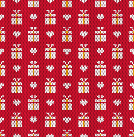 Knitted pattern gifts and heart on a red background. Concept of celebrations, holidays, actions. Handwork ornament. Seamless pattern. Vector illustration.のイラスト素材