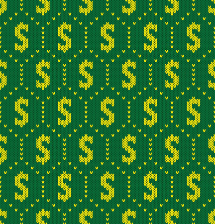 Knitted pattern a sign dollar on a green background. Concept of good luck, prosperity. Seamless pattern. Vector illustration.のイラスト素材