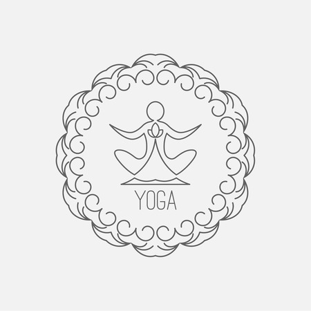 Yoga icon. Logo template on a blue background. Vector logo for the spa center, yoga center, yoga studio. Template graphic design element.  Vector illustration for your designのイラスト素材