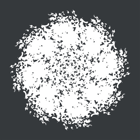 Monochrome black and white abstract background with torn edges. Uneven strokes with small particles at edges. Round ornament with chaotic small particlesのイラスト素材