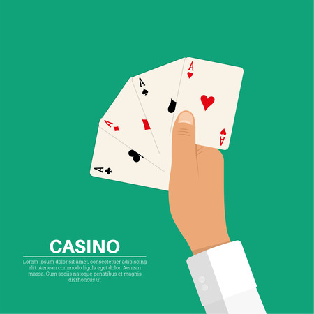 The hand holding four playing cards, aces of all colors. Symbolizes a combination of "caret" in poker. The concept of good luck, a prize, wealth in games of a casino. A vector illustration in flat style.のイラスト素材