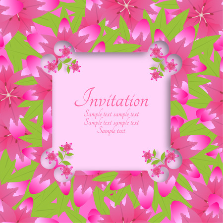 Template of an invitation colourful card with a background from flowers of lilies. Vector illustration.のイラスト素材