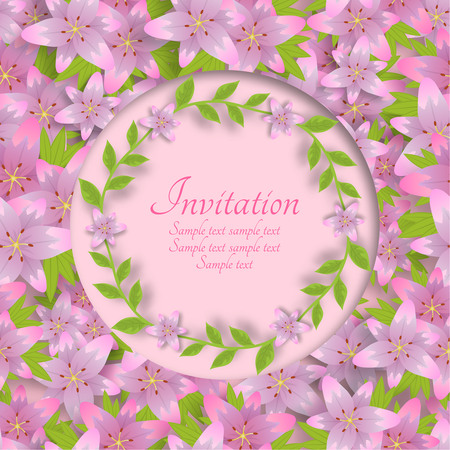 Template of an invitation colourful card with a background from flowers of lilies. Vector illustration.のイラスト素材