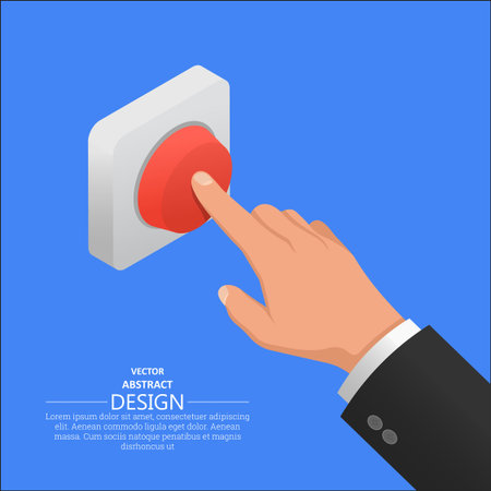 The hand in a suit presses the red button. Vector isometric illustration.のイラスト素材