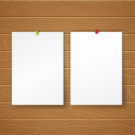 Two blank clean sheets in vertical position are pinned on a wall from wooden texture. Vector illustration of the poster, leaflet. A frame for the text, the template model.のイラスト素材