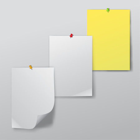 A set of the clean sheets of paper pinned to a gray wall. Crumpled paper in vertical position with a shadow on the isolated background. Vector realistic illustration.のイラスト素材