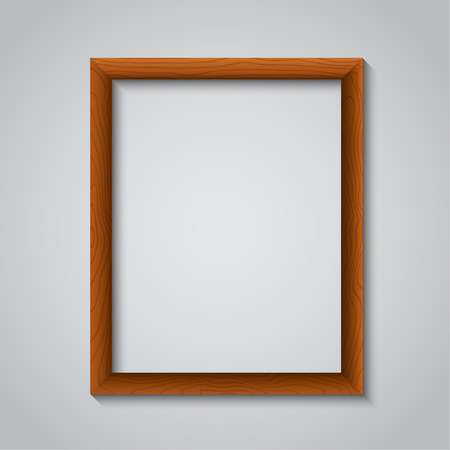 Wooden photoframe against the background of a gray wall with a realistic shadow. A blank space for the text, a banner, a template. Vector illustration.のイラスト素材