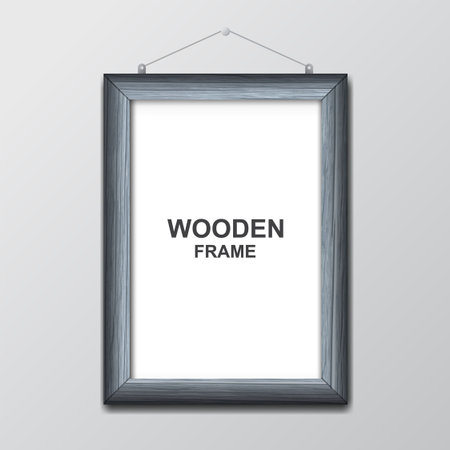 Wooden photoframe against the background of a gray wall with a realistic shadow. A blank space for the text, a banner, a template. Vector illustration.のイラスト素材