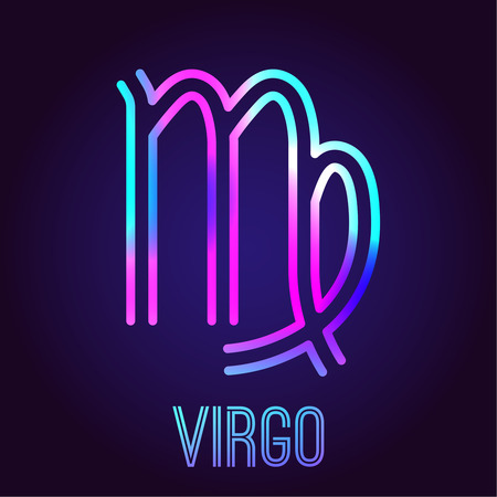 Maiden, zodiac sign. The neon multi-colored shining badge on a dark blue background. Astrological zodiac symbol. Vector illustration.のイラスト素材