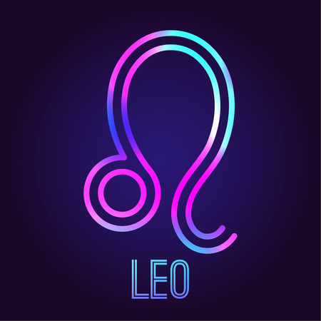 Lion, zodiac sign. The neon multi-colored shining badge on a dark blue background. Astrological zodiac symbol. Vector illustration.のイラスト素材