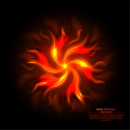 Fiery abstract background. The turning tongues of flame on a black substrate. A revolving object from fire clots. Wall-paper on a desktop. Vector illustration.のイラスト素材