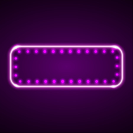 The neon violet frame with LED illumination in a retro style. The shining billboard with the place for the text. The vectorial burning template in ancient style. A rectangular sign with lamps.のイラスト素材
