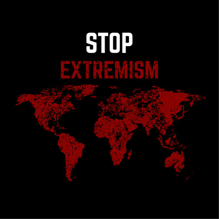 The vector illustration Feet extremism against the background of the world map. Extremism won't pass. The mankind is in danger. A protest against the extremist organizations, bands.のイラスト素材