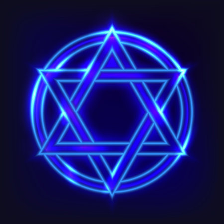 The shining hexagram. The ancient symbol in neon style concluded in a circle. Concept of the...
