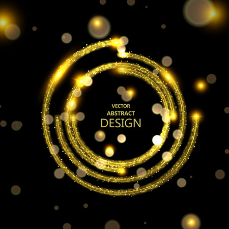 The golden shining banner. A template for design. Bright yellow curves with spangles and elements a side. Abstract background. Vector illustration.のイラスト素材