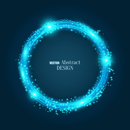 The blue shining banner. The sparkling circular lines with spangles and bright particles. Design template. Abstract background. Vector illustration.のイラスト素材
