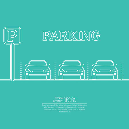 Abstract background with cars and road sign. Parking zone. Vector element of graphical design. Flat style.のイラスト素材