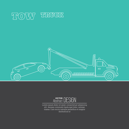 Tow truck concept. Tow truck evacuating the car. Round the clock evacuation of cars. Design can be used as a logo, a poster, advertising, singboard. Vector element of graphic design. Thin line style.のイラスト素材