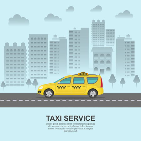 Taxi against the background of the city. Automobile of a taxi moves on the city highway. A vector illustration in flat style with the place for the text. Customer service.のイラスト素材