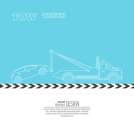 Tow truck concept. Tow truck evacuating the car. Round the clock evacuation of cars. Design can be used as a logo, a poster, advertising, singboard. Vector element of graphic design. Thin line style.のイラスト素材