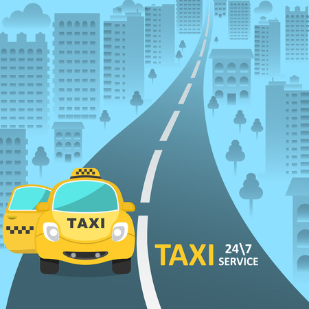 The taxi car with an open passenger door on the city street. Customer service of a taxi 24\7. A vector illustration in flat style for a banner, a poster, advertizing, the business card.のイラスト素材