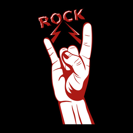 Gesture of a hand with lightnings.Sign rock'n'roll.Symbol we together.The press on clothes.Design element for a poster, emblems.Vector illustration on a black background.のイラスト素材