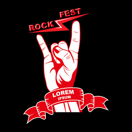 Gesture of a hand with lightnings a rock festival.Sign of rockers.Unity symbol with a banner.Template for a poster, emblems.The press on clothes.Vector illustration.のイラスト素材