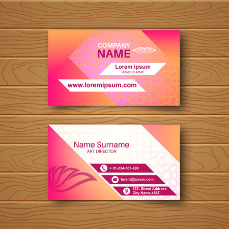 Blank business card on a wooden table with a multi-colored ornament and a realistic shadow vector illustration.のイラスト素材