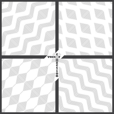 Set of vector seamless pattern. Collection of modern geometrical textures with regularly repetition linear rhombuses, waves, zigzags, hexagons. Trendy thin line styleのイラスト素材