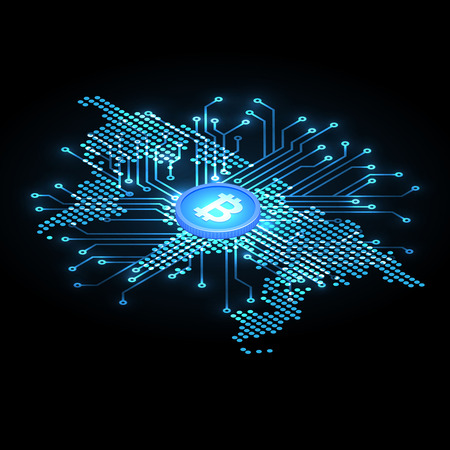 The shining cryptocurrency Bitcoin symbol on the stylized map of the earth.Abstract vector illustration.The concept of global growth of cryptocurrency in the world.Isometric design.のイラスト素材