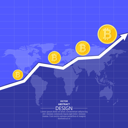 The schedule of growth of cryptocurrency Bitcoin against the background of the world map.The concept of global growth of cryptocurrency in the world.Vector illustration in flat style.のイラスト素材