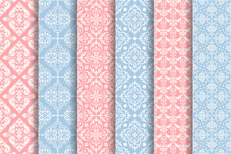 Set of 6 different patterns with Luxury elegant textures of baroque style and Regularly repeating abstract pattern wallpapers which can be used as fabric textile print, wrapping paper and more.のイラスト素材