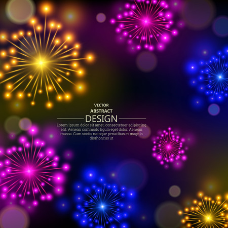The shining multi-colored fireworks. Abstract bright design against a dark background with elements a side. A vector illustration with the place for the text.のイラスト素材