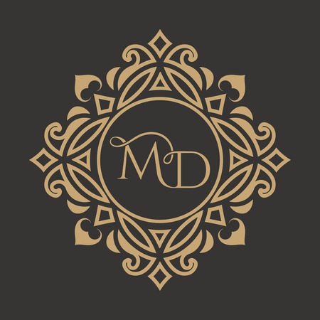 The monogram from the intertwining letters MD in an elegant gold frame. The place for the text. A template for cafe, bars, boutiques, invitations, sights. A logo for business. Vintage elements of design. Vector illustrations.のイラスト素材