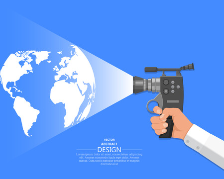 The hand of the video operator holds the video camera. Concept of display of world events. Latest global news. A vector illustration in flat style.のイラスト素材